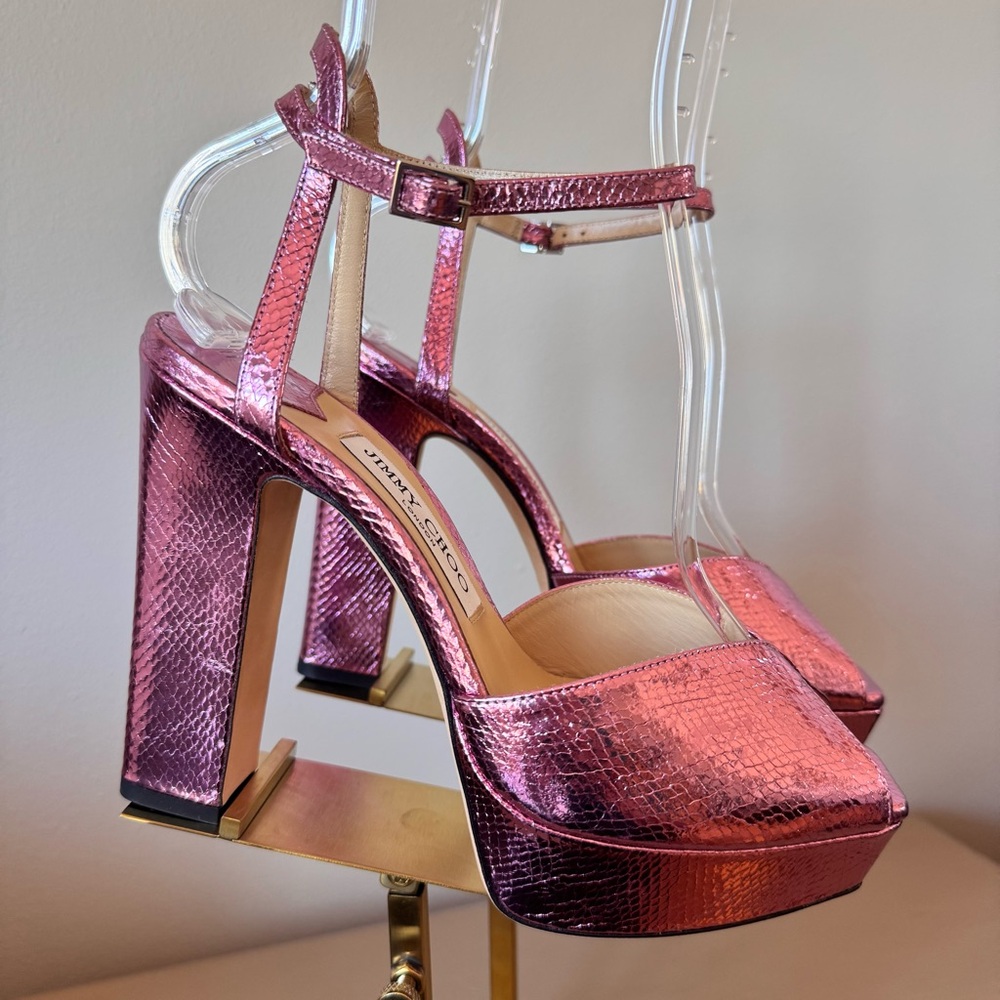 Jimmy Choo Sacaria 120 Pink Metallic Platform Sandals EU 38 Block Heel NWT - Picture 2 of 15